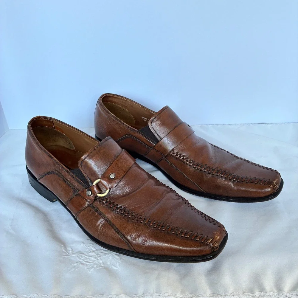Florsheim Loafers 45 EE Brown Matteo Leather Whipstitch Square Toe Dress Shoe